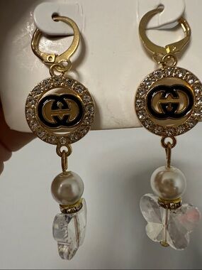 Gold-Tone Pearl & Crystal Butterfly Drop Earrings